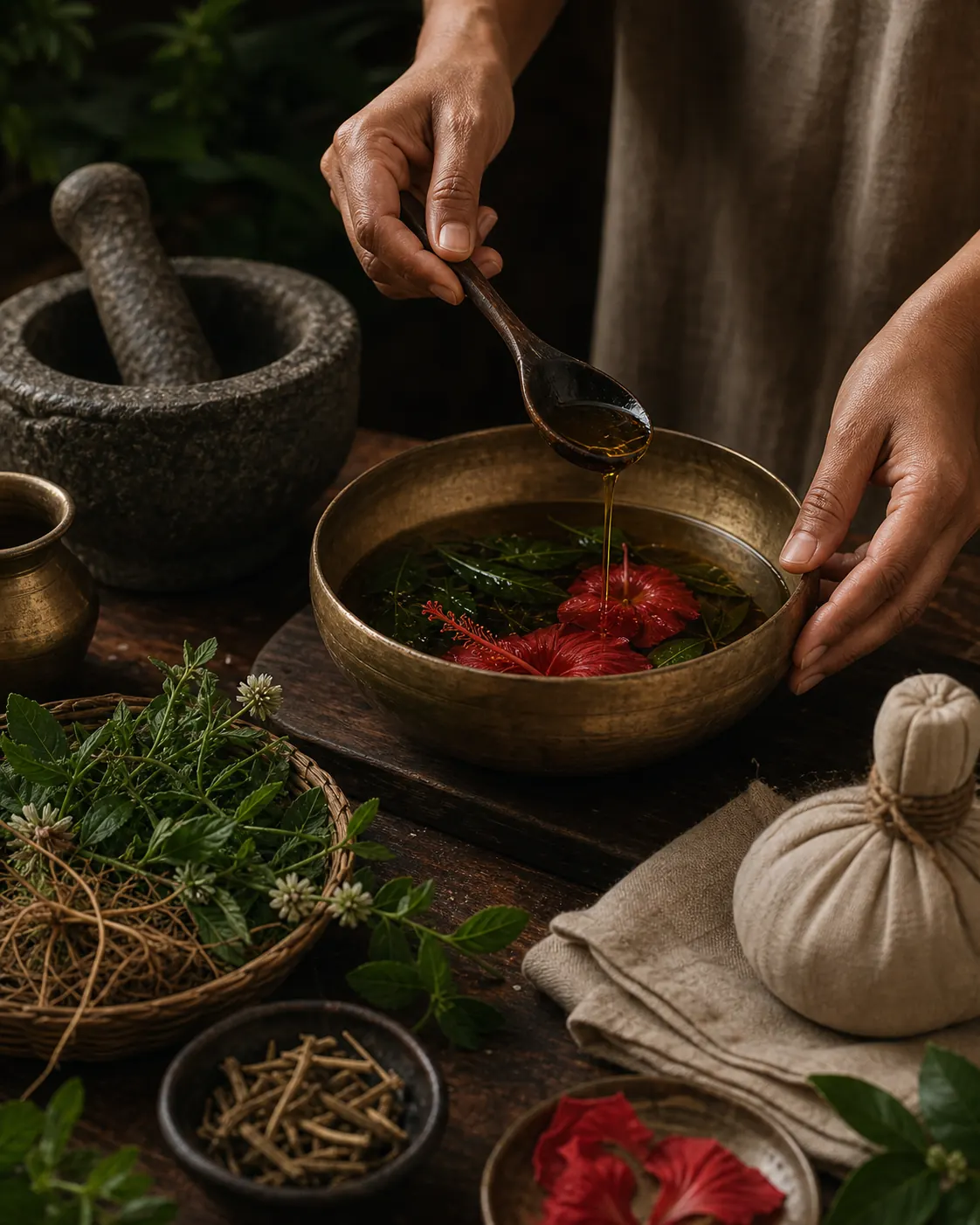 Practitioner warming herbal oil with bhringraj leaves for a scalp ritual