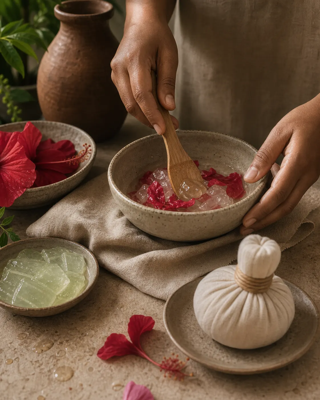Practitioner blending hibiscus petals into aloe gel for a renewal ritual