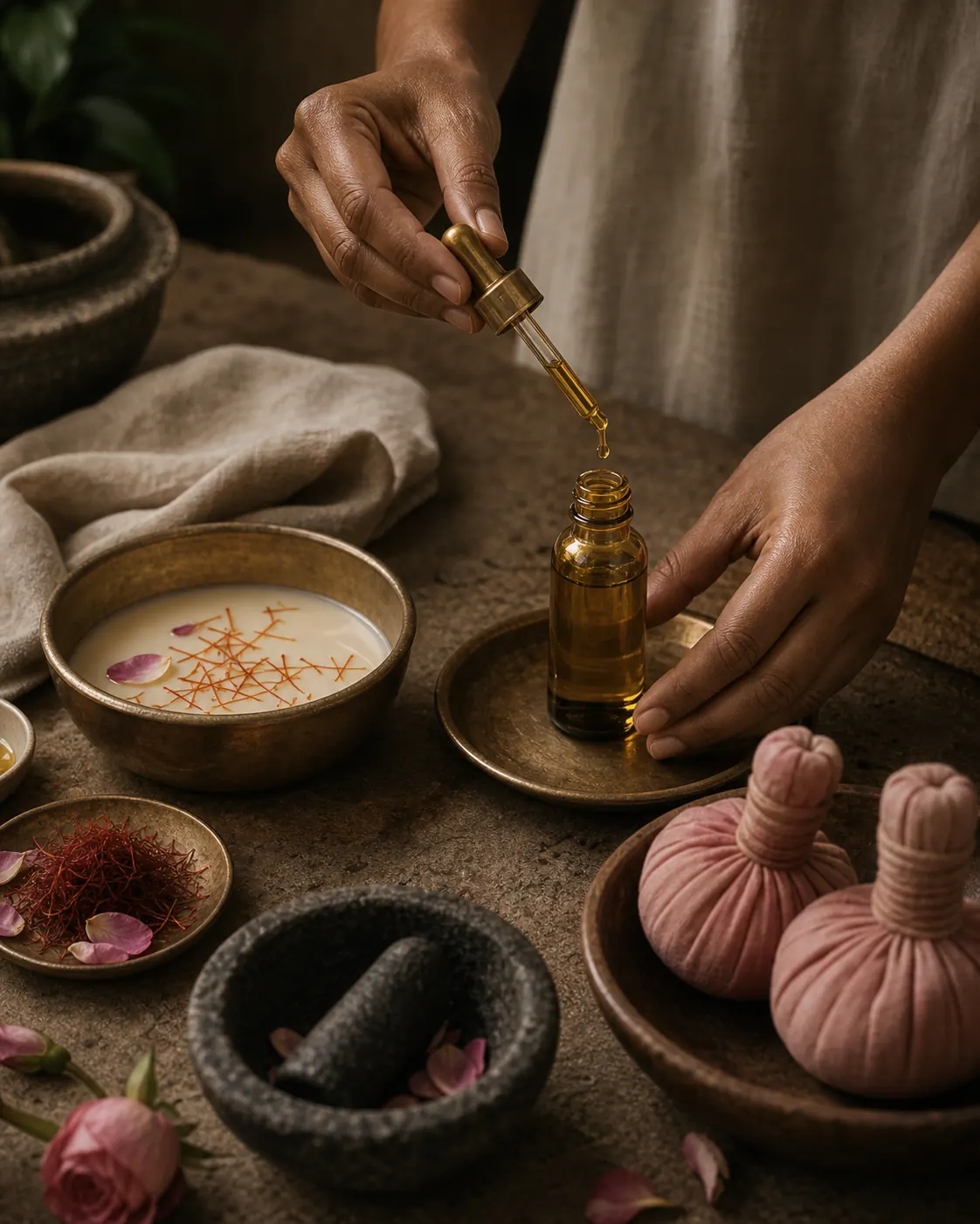 Practitioner preparing saffron-infused Kumkumadi oil beside rose compresses