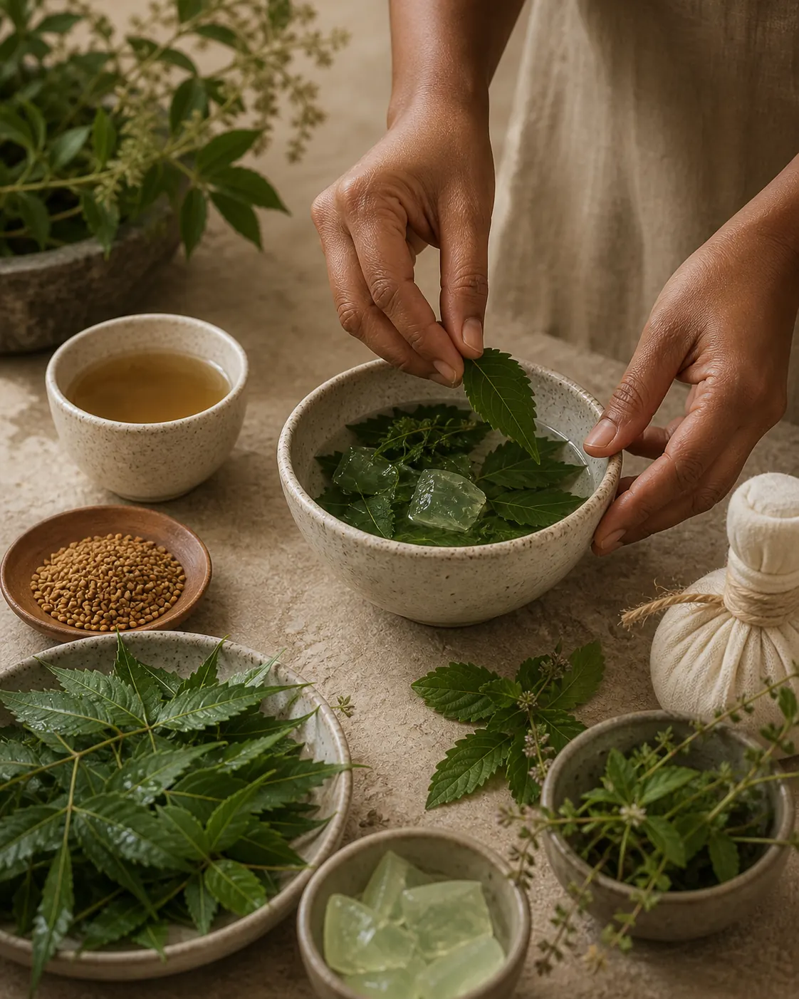 Practitioner preparing neem and aloe infusion for scalp clarity