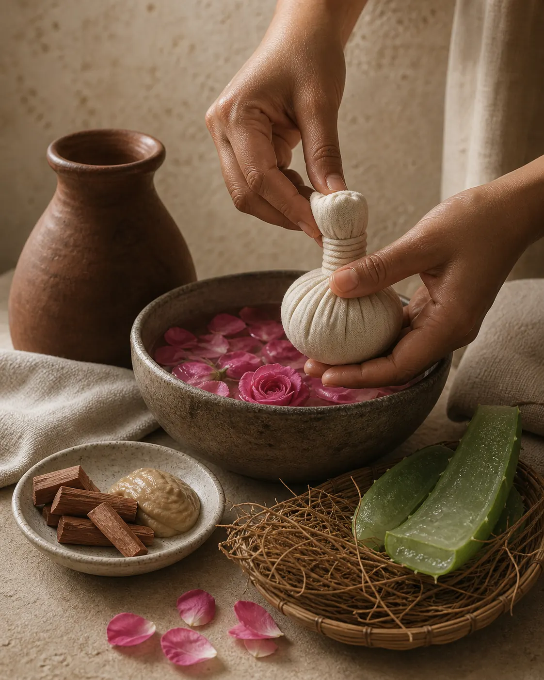 Practitioner preparing a cool rose and vetiver compress