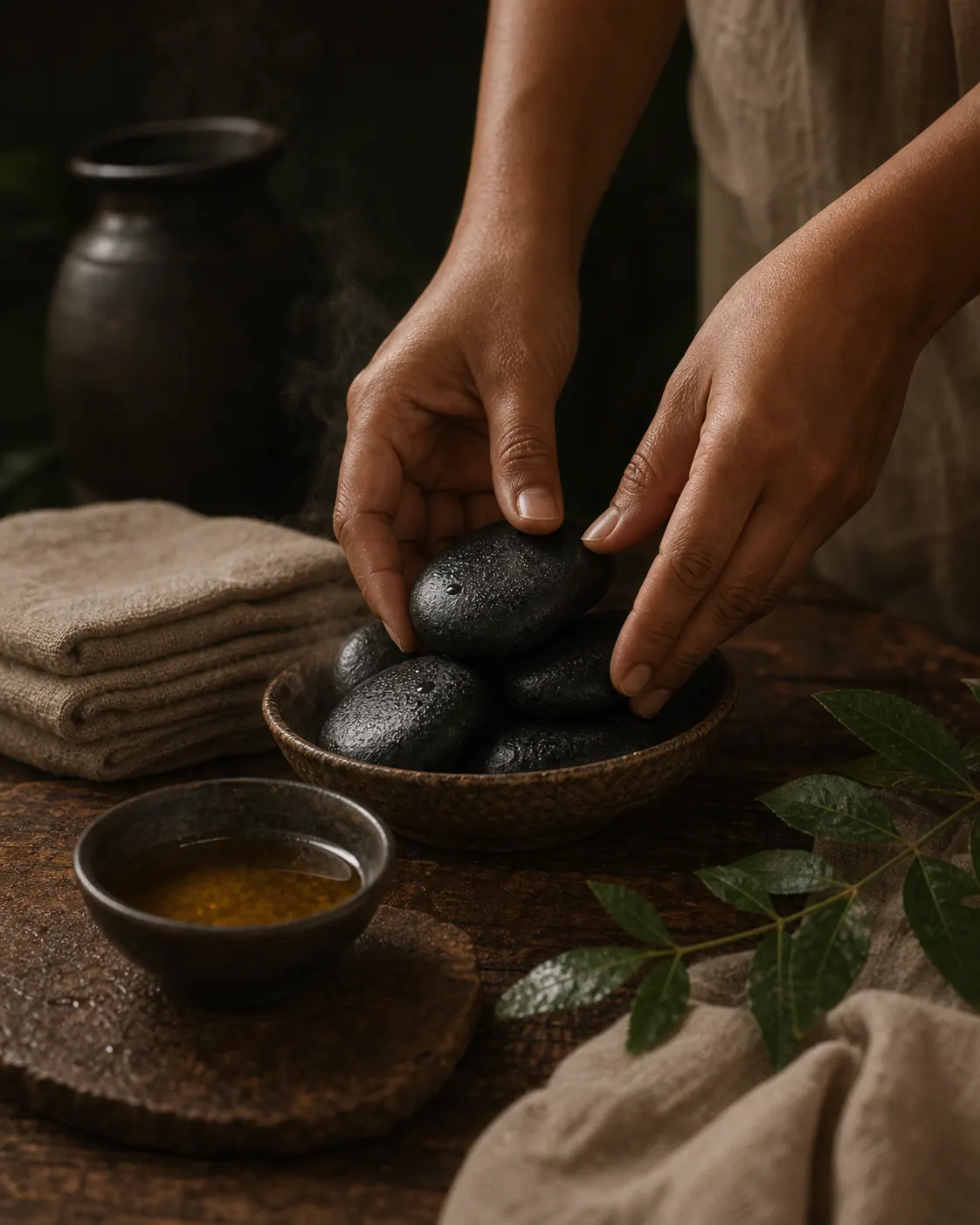 Practitioner arranging heated basalt stones beside warm sesame oil