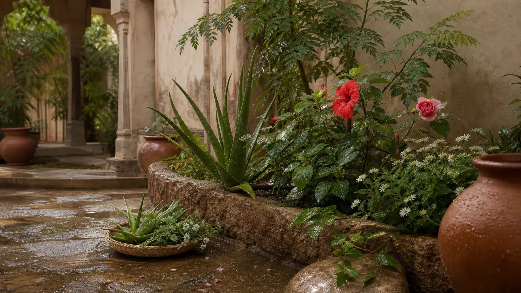 Rain-washed garden with aloe, hibiscus, rose, neem, and warm stone
