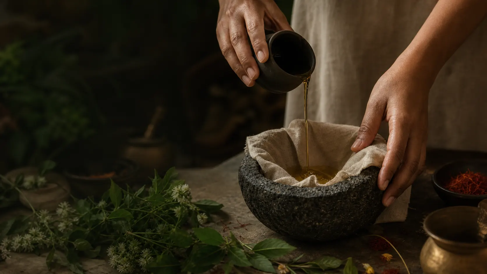 A practitioner pouring warm botanical oil into a stone bowl lined with linen