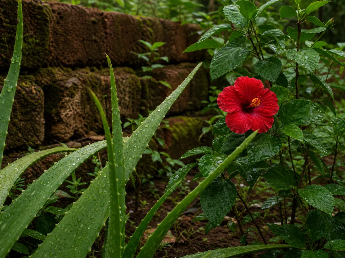 Aloe and hibiscus growing in Dakshin's rain-washed garden
