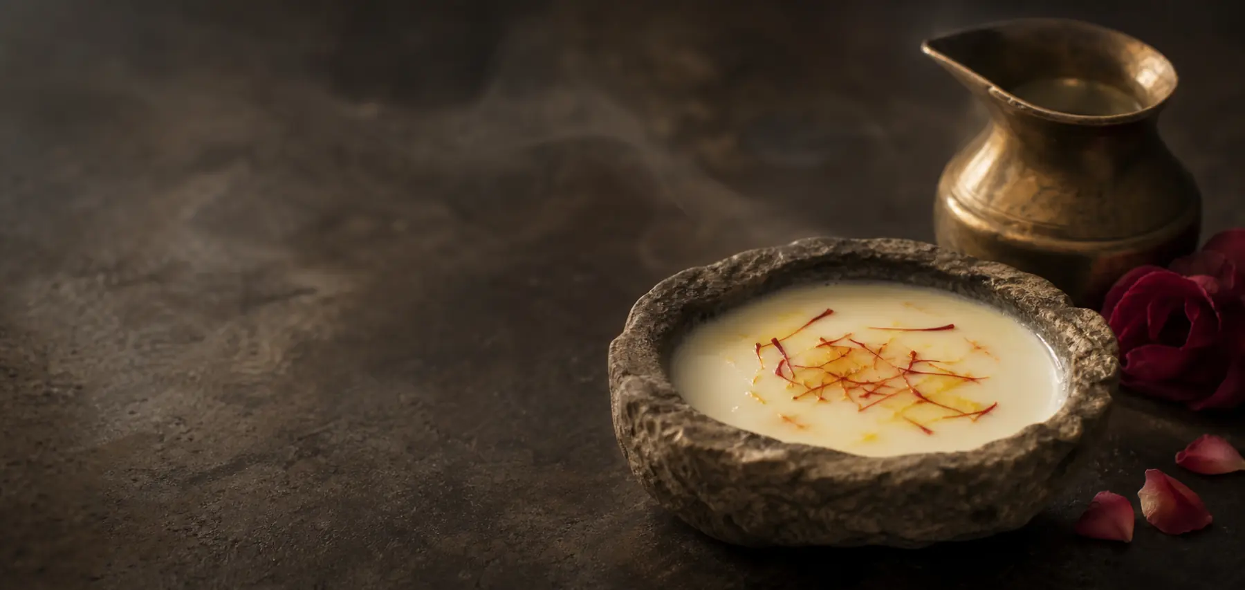 Saffron blooming in warm milk beside rose petals and a brass vessel
